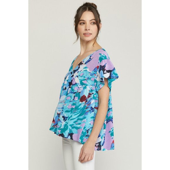 Entro Floral Ruffle Sleeve Top, Blue - Picture 4 of 7